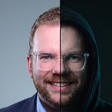 Portrait of Kolja Sagorski, split down the middle: business attire on one side, hoodie on the other.
